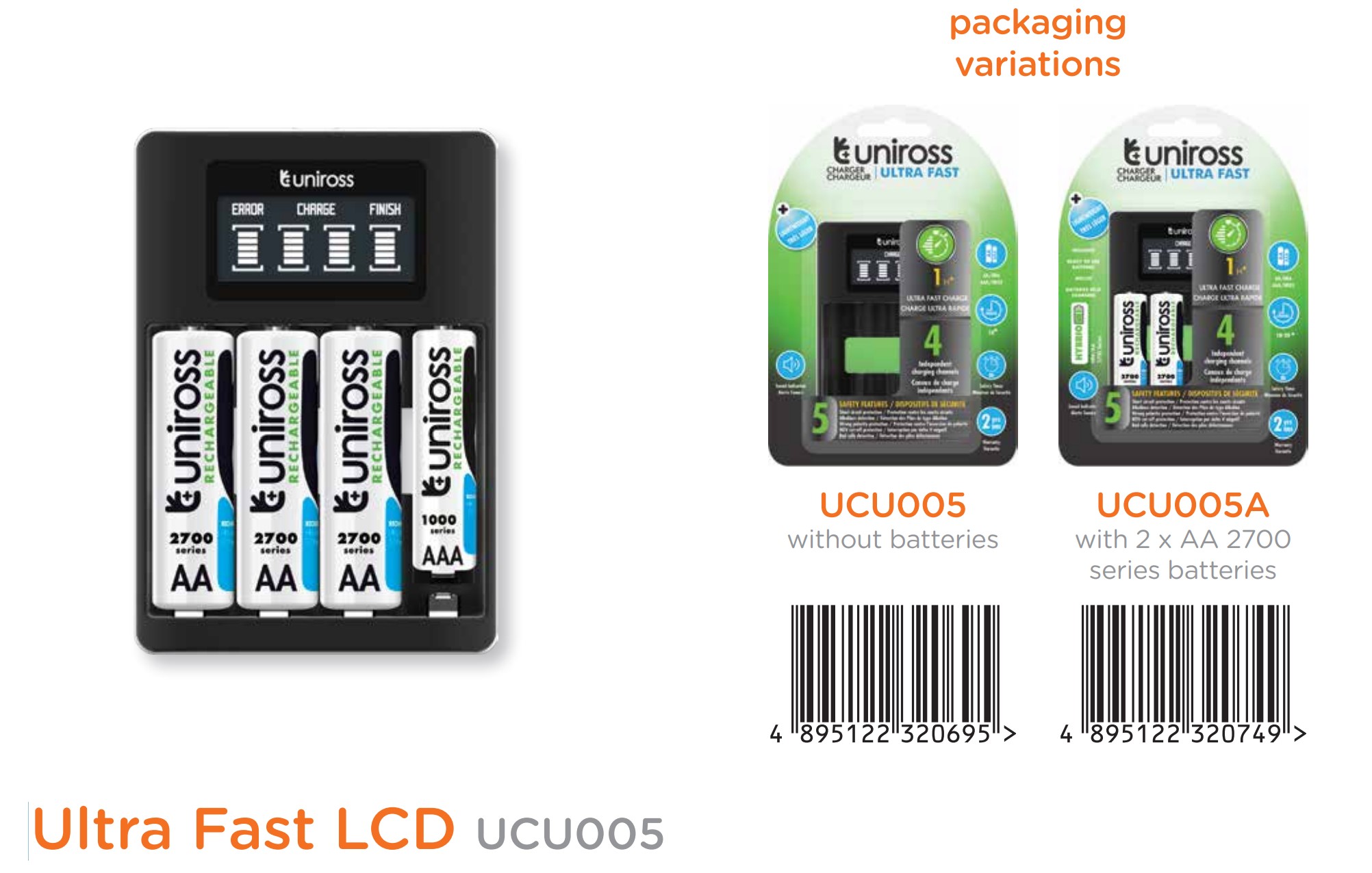 شارژر یونیروس مدل  Ultra Fast LCD UCU005 همراه با ۴ عدد باتری قلمی شارژی Hybrio